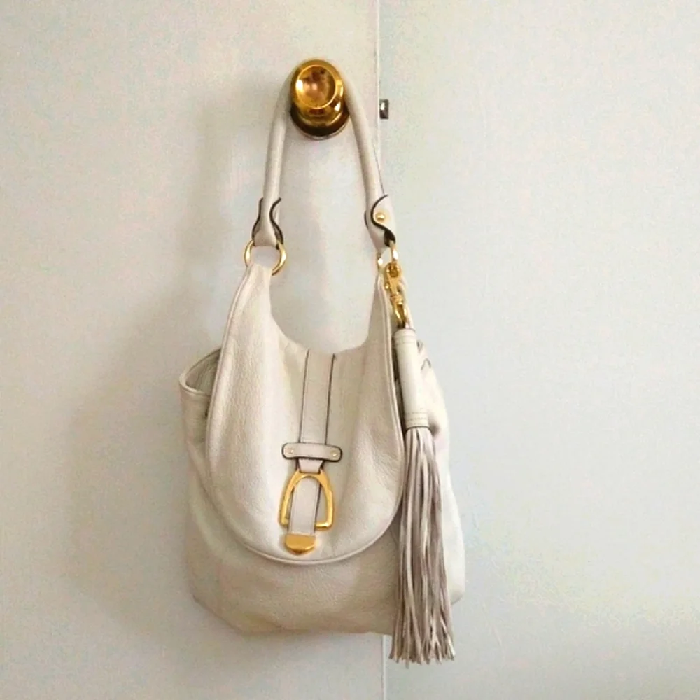 Chic White Leather Hobo Bag with Gold Accents - Picture 1 of 15